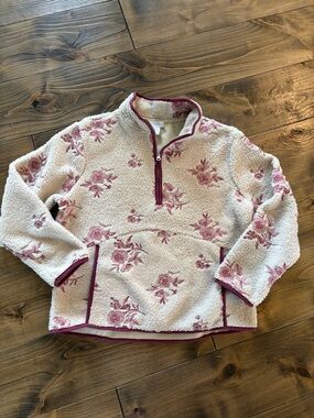 House of Harlow 1960 Cream Sherpa Pullover with Pink Floral Trim